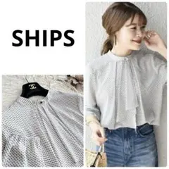 美品✨SHIPS 小紋プリントとろみブラウス　ボウタイ　総柄　長袖　日本製　白