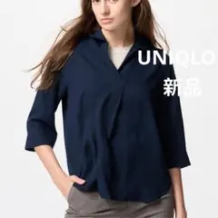 UNIQLO レーヨン スキッパーブラウス 七分袖 ネイビー L