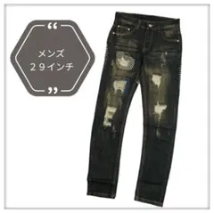 【新品】韓国ストリート ダメージデニム S ブラック×イエロー系 メンズ✨