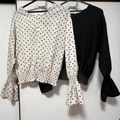 ドット柄長袖ブラウス（白・黒）　2着セット