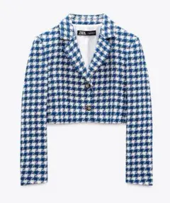 新品　ZARA 青と白のチェック クロップドジャケット