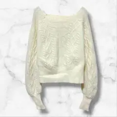 長袖ニットセーター スクエアネック ケーブルミックス編み柄 ショート丈 秋冬