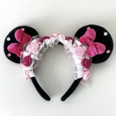 ディズニーリゾート　カチューシャ　ミニー　薔薇　ピンク　レース