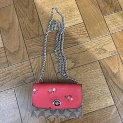 花柄刺繍 ショルダーバッグ 赤/ブラウン