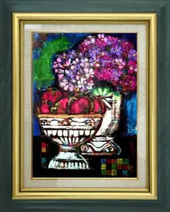 油絵菅家令子絵インテリア額付(青緑＋金色の枠)uF6-063404 花瓶 グラス