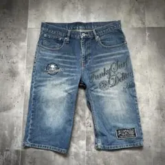 00s Y2K archive プリント ワッペン デニム ハーフパンツ 英文字