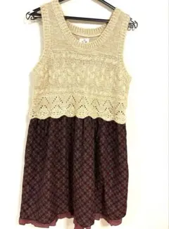 ニットベスト切り替えワンピース ベージュ/ワインレッド　チチカカ　チュニック