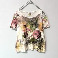 【マリエッタ】USA製 花柄総柄 半袖Tシャツ ビーズ装飾 L 綿100%