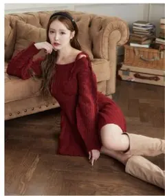 バーガンディ ケーブル編み ニットドレス ナイスクラップ ミニワンピース