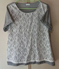 レースデザイン 半袖Tシャツ Lサイズ グレー/ホワイト