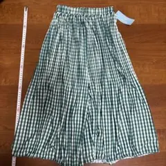 緑と白のギンガムチェックプリーツワイドパンツ　Sサイズ位　キュロット