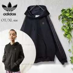 【完売品 美品】アディダスオリジナルス ベロア パーカー 黒 XL ロゴ刺繍