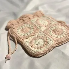 グラニースクエア巾着袋 ベビーピンク ハンドメイド