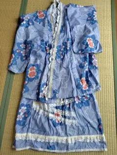 縫ったやつ・中古］レース装飾付 ピンク花柄 浴衣 セパレートタイプ