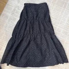 フレアスカート ジャガード 黒 ロング丈 ウエストゴム きれいめ