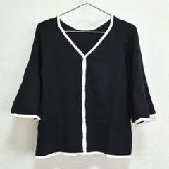 バイカラー カーディガン シンプル 上品 通勤 オフィスカジュアル 七分袖