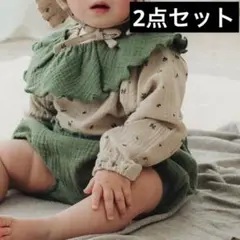 【新品】スリーコインズ　ガーゼスタイ　ガーゼかぼちゃパンツ　グリーン　2点セット
