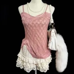 キャミソール 編み フリル アシンメトリー y2k フェアリーグランジ 森ガール