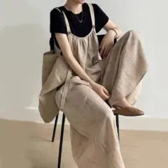 綿麻風　サロペット　フレアーパンツ　オールインワン　ワイドパンツ　ジャンスカ