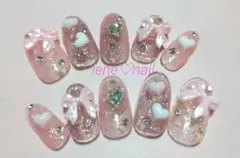 現品ラメピンクネイル リボン ハート ガーリー ネイルワンホン量産型