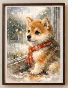 【水彩画アート】しとしと降る雨を眺める子犬 2L版写真用紙