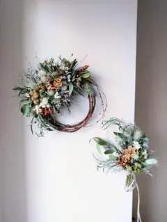 めるめる様専用 グリーンとオレンジのリース スワッグとセットです