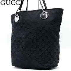 良品　GUCCI GGキャンバス トートバッグ 肩がけ ブラック レザー