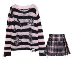 新品 ピンクブラック ダメージ セーター ニット ゴシック パンク 地雷系