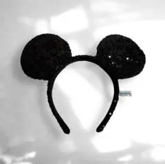 未使用 ディズニー ミッキー 耳 カチューシャ スパンコール 黒