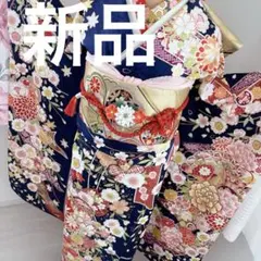 未使用　正絹振袖フルセット　王道華やかな古典柄　牡丹　桜　成人式　ネイビー