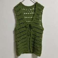 ノーブランド クロシェ ベスト Vネック M 緑 ニット レイヤード 手編み風のサムネイル