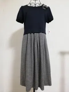 ネイビー ストライプ 半袖カットソーワンピース