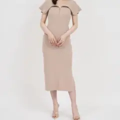 フレンチスリーブリブニットフレアワンピース BEIGE 36 - メルカリ