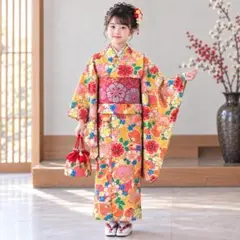 ジュニア きもの 9点セット 女児 140/150 山吹色 花柄 着付簡単