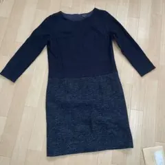 INDIVI インディウ''ィ ネイビー 長袖 ひざ丈ワンピース ツイード風
