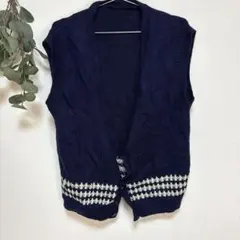 ネイビー ノースリーブ ニットベスト ジレ【M】ボックスシルエット 体型カバー