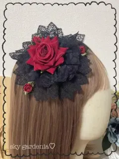 ♡赤い薔薇ボリュームブラックレース 円形ヘッドドレス ロリータ量産型ゴスロリ♡