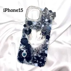 iPhone15 ケース ✦︎ デコ電 デコケース 地雷系 ゴシック 黒×水色