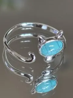 天然石ターコイズ　猫ちゃんリング　フリーサイズ ネコリング