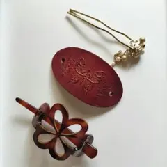 アンティーク調ヘアアクセサリー3点セット　マジェステ・かんざし・レザープレート