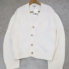 【新品】 XL ZARA オフ白 Vネック ざっくりカーディガン コットン　リブ