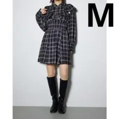 rienda フリル付ウエストマークチェックミニワンピ 上品 秋冬デート服 M