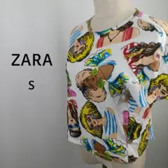ZARA　ポップアート総柄Tシャツ　S　ホワイト　マルチカラー　ガールイラスト
