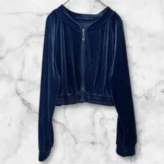 SHEIN ベロア フルジップ パーカー ネイビー XL ショート丈 紺 Y2K