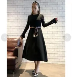 eimy istoire スカーフベルトニットフレアワンピース ブラック