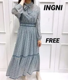 【イング】花柄 ボウタイ レトロ ロングスリーブ ワンピース FREE
