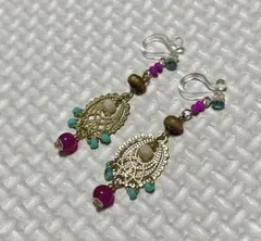 アンティーク風 イヤリング ゴールド カラーストーン 軽量 エスニック風 上品