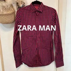 ZARA MAN スリムフィット　チェック シャツ 長袖 ネイビー レッド
