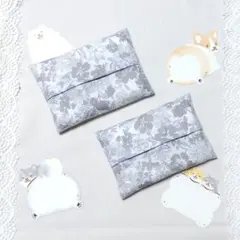 ポケットティッシュケース　花柄　植物柄　グレー系　灰色　ハンドメイド