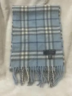 美品 バーバリー マフラー ノバチェックライトブルー カシミヤ100
